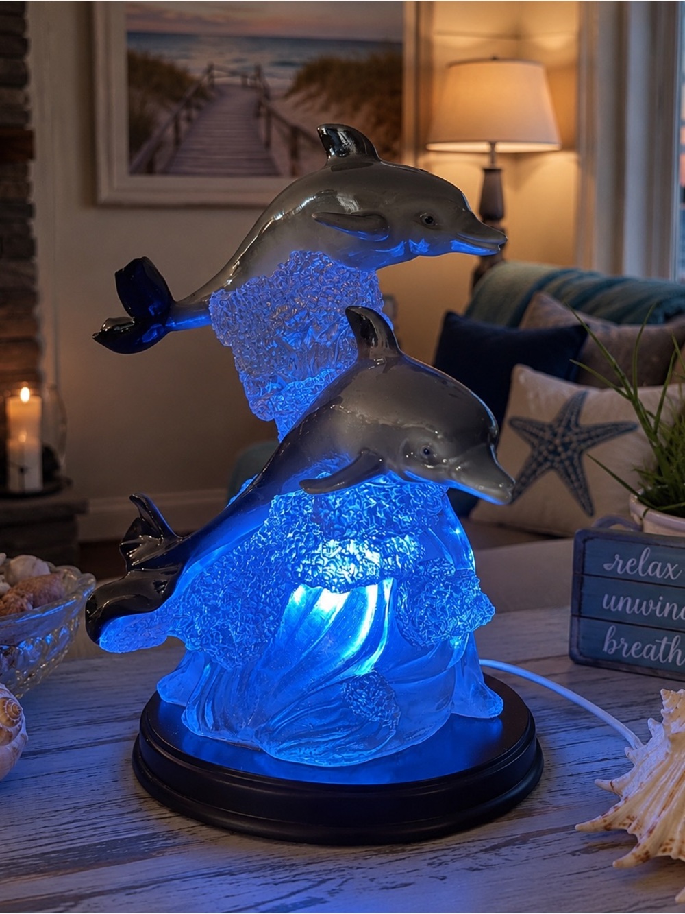 Lighted Dolphin Sculpture LED Coastal Ocean Decor Resin Table Accent Lamp Blue